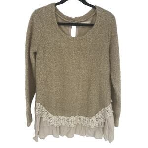 A'reve state open knit crawneck women L tan lace hem long sleeve sweater